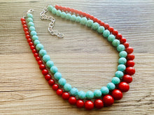 Load image into Gallery viewer, Turquoise & gold Pearl Chunky 3 Strand Statement Necklace, fall necklace, blue green jewelry, silver ball beaded, turquoise aqua