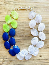 Load image into Gallery viewer, Color Block Double Statement Necklace, Chunky Jewelry Big Beaded Necklace, lime green navy blue & white Necklace, bead bubble earrings