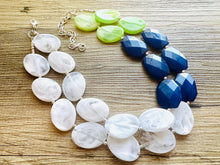 Load image into Gallery viewer, Color Block Double Statement Necklace, Chunky Jewelry Big Beaded Necklace, lime green navy blue & white Necklace, bead bubble earrings