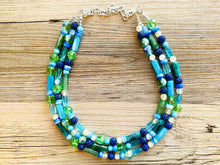 Load image into Gallery viewer, Green & Blue Statement Necklace, chunky bib beaded jewelry, navy royal blue necklace, dark blue beaded acrylic gray silver aqua turquoise