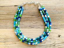 Load image into Gallery viewer, Green & Blue Statement Necklace, chunky bib beaded jewelry, navy royal blue necklace, dark blue beaded acrylic gray silver aqua turquoise