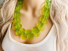 Load image into Gallery viewer, Big Bead Lime Necklace, 2 Strand Statement Jewelry, light green Chunky bib bridesmaid everyday bubble jewelry evergreen earrings transparent