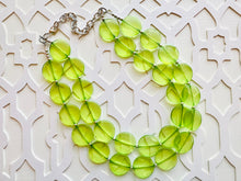 Load image into Gallery viewer, Big Bead Lime Necklace, 2 Strand Statement Jewelry, light green Chunky bib bridesmaid everyday bubble jewelry evergreen earrings transparent