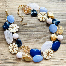 Load image into Gallery viewer, Nautical Chunky Statement Necklace, Big beaded jewelry, Double Strand Statement Necklace, navy blue an white, gold navy necklace, white gold