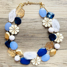 Load image into Gallery viewer, Nautical Chunky Statement Necklace, Big beaded jewelry, Double Strand Statement Necklace, navy blue an white, gold navy necklace, white gold
