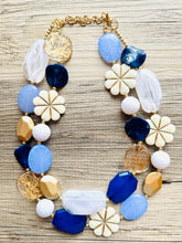 Load image into Gallery viewer, Nautical Chunky Statement Necklace, Big beaded jewelry, Double Strand Statement Necklace, navy blue an white, gold navy necklace, white gold