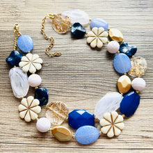 Load image into Gallery viewer, Nautical Chunky Statement Necklace, Big beaded jewelry, Double Strand Statement Necklace, navy blue an white, gold navy necklace, white gold