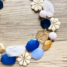 Load image into Gallery viewer, Nautical Chunky Statement Necklace, Big beaded jewelry, Double Strand Statement Necklace, navy blue an white, gold navy necklace, white gold