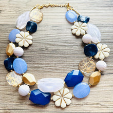 Load image into Gallery viewer, Nautical Chunky Statement Necklace, Big beaded jewelry, Double Strand Statement Necklace, navy blue an white, gold navy necklace, white gold
