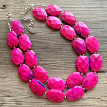 Load image into Gallery viewer, Lover Necklace Pink Statement, chunky bib beaded jewelry, Valentine blush hot pink beaded electric heart Valentines Day tie dye