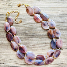 Load image into Gallery viewer, Earthy Neutral Statement Necklace, Brown Blue Purple, Chunky Two Strand Jewelry, gold dinosaur egg crackle beaded jewelry OOAK