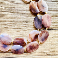 Load image into Gallery viewer, Earthy Neutral Statement Necklace, Brown Blue Purple, Chunky Two Strand Jewelry, gold dinosaur egg crackle beaded jewelry OOAK