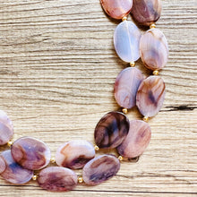 Load image into Gallery viewer, Earthy Neutral Statement Necklace, Brown Blue Purple, Chunky Two Strand Jewelry, gold dinosaur egg crackle beaded jewelry OOAK