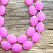Load image into Gallery viewer, Hot Pink Rock Candy statement necklace and earring set, color block jewelry, pink chunky bib silver necklace, beaded jewelry crackle magenta