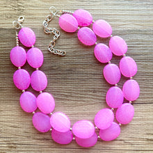 Load image into Gallery viewer, Hot Pink Rock Candy statement necklace and earring set, color block jewelry, pink chunky bib silver necklace, beaded jewelry crackle magenta