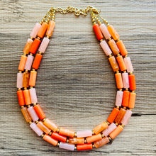 Load image into Gallery viewer, Bright Chunky Orange Statement Necklace, Big beaded jewelry, Double Strand Statement, Bib necklace peach bridesmaid wedding clementine