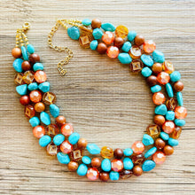 Load image into Gallery viewer, Morning Light Statement Necklace, multi Strand Beaded Jewelry, Blue Orange jewelry, gold and blue necklace, turquoise coral aqua big beaded