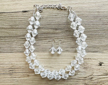 Load image into Gallery viewer, Bubble Clear Crystal Statement Necklace, Cone Faceted Beaded Everyday neutral jewelry, silver accents chunky bib necklace earring set