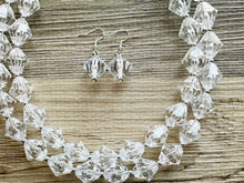 Load image into Gallery viewer, Bubble Clear Crystal Statement Necklace, Cone Faceted Beaded Everyday neutral jewelry, silver accents chunky bib necklace earring set