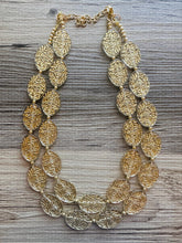 Load image into Gallery viewer, Gold Etched necklace and earrings, geometric beaded statement necklace, everyday metal chunky layering acetate oval gold clear resin set