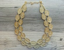 Load image into Gallery viewer, Gold Etched necklace and earrings, geometric beaded statement necklace, everyday metal chunky layering acetate oval gold clear resin set