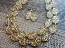 Load image into Gallery viewer, Gold Etched necklace and earrings, geometric beaded statement necklace, everyday metal chunky layering acetate oval gold clear resin set