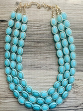 Load image into Gallery viewer, Aqua Blue Statement Necklace, Chunky Jewelry Big Beaded 3 Strand Necklace, light Blue Necklace, earrings Jewelry Set, turquoise gold Beaded
