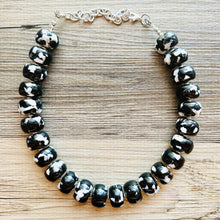 Load image into Gallery viewer, Black & White Chunky Statement Necklace single Strand Beaded jewelry, bridesmaid bib wedding, white bubble necklace resin