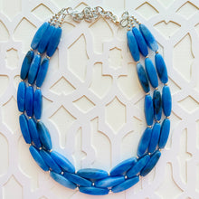 Load image into Gallery viewer, Royal Blue Triple Strand Statement Necklace, Chunky blue tube Beaded Bib Jewelry, blue jewelry, denim blue jewlery necklace silver