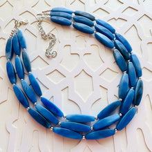 Load image into Gallery viewer, Royal Blue Triple Strand Statement Necklace, Chunky blue tube Beaded Bib Jewelry, blue jewelry, denim blue jewlery necklace silver