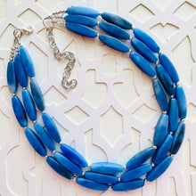 Load image into Gallery viewer, Royal Blue Triple Strand Statement Necklace, Chunky blue tube Beaded Bib Jewelry, blue jewelry, denim blue jewlery necklace silver