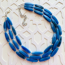Load image into Gallery viewer, Royal Blue Triple Strand Statement Necklace, Chunky blue tube Beaded Bib Jewelry, blue jewelry, denim blue jewlery necklace silver