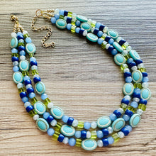 Load image into Gallery viewer, Peacock Blue Chunky Statement Necklace, big Beaded thick Jewelry, Triple Strand wedding or everyday dress, turquoise green blue earrings
