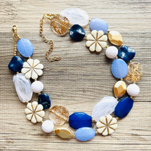 Load image into Gallery viewer, Nautical Chunky Statement Necklace, Big beaded jewelry, Double Strand Statement Necklace, navy blue an white, gold navy necklace, white gold