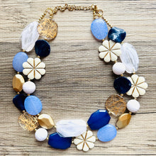 Load image into Gallery viewer, Nautical Chunky Statement Necklace, Big beaded jewelry, Double Strand Statement Necklace, navy blue an white, gold navy necklace, white gold