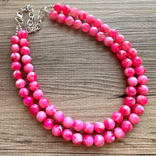 Load image into Gallery viewer, Hot Pink Pink Chunky Statement Necklace, 2 Strand Beaded Jewelry, Pink White cream jewelry, jewel tone mermaid bib dark pink earrings