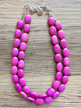 Load image into Gallery viewer, Hot Pink Rock Candy statement necklace and earring set, color block jewelry, pink chunky bib silver necklace, beaded jewelry crackle magenta