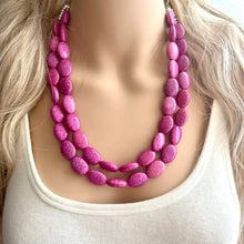 Load image into Gallery viewer, Hot Pink Rock Candy statement necklace and earring set, color block jewelry, pink chunky bib silver necklace, beaded jewelry crackle magenta