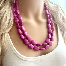 Load image into Gallery viewer, Hot Pink Rock Candy statement necklace and earring set, color block jewelry, pink chunky bib silver necklace, beaded jewelry crackle magenta