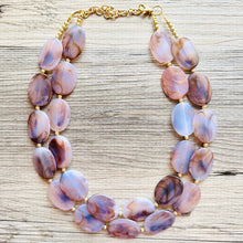 Load image into Gallery viewer, Earthy Neutral Statement Necklace, Brown Blue Purple, Chunky Two Strand Jewelry, gold dinosaur egg crackle beaded jewelry OOAK