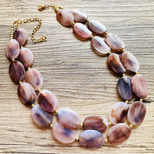 Load image into Gallery viewer, Earthy Neutral Statement Necklace, Brown Blue Purple, Chunky Two Strand Jewelry, gold dinosaur egg crackle beaded jewelry OOAK