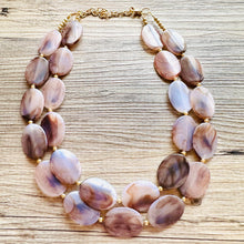 Load image into Gallery viewer, Earthy Neutral Statement Necklace, Brown Blue Purple, Chunky Two Strand Jewelry, gold dinosaur egg crackle beaded jewelry OOAK