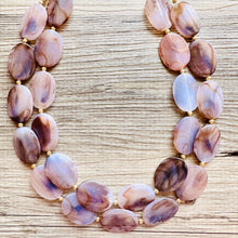 Load image into Gallery viewer, Earthy Neutral Statement Necklace, Brown Blue Purple, Chunky Two Strand Jewelry, gold dinosaur egg crackle beaded jewelry OOAK