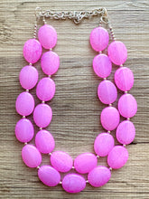 Load image into Gallery viewer, Hot Pink Rock Candy statement necklace and earring set, color block jewelry, pink chunky bib silver necklace, beaded jewelry crackle magenta