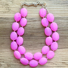 Load image into Gallery viewer, Hot Pink Rock Candy statement necklace and earring set, color block jewelry, pink chunky bib silver necklace, beaded jewelry crackle magenta