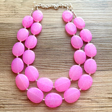 Load image into Gallery viewer, Hot Pink Rock Candy statement necklace and earring set, color block jewelry, pink chunky bib silver necklace, beaded jewelry crackle magenta