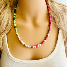 Load image into Gallery viewer, 18K Gold Block Layering Pink & Green Beaded 1 Strand Necklace, Colorful Jewelry, Chunky statement necklace, jelly bean necklace confetti