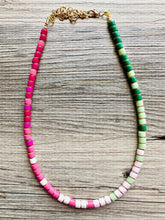 Load image into Gallery viewer, 18K Gold Block Layering Pink & Green Beaded 1 Strand Necklace, Colorful Jewelry, Chunky statement necklace, jelly bean necklace confetti