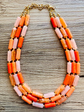 Load image into Gallery viewer, Bright Chunky Orange Statement Necklace, Big beaded jewelry, Double Strand Statement, Bib necklace peach bridesmaid wedding clementine