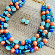 Load image into Gallery viewer, Fairy Dust Statement Necklace, multi Strand Beaded Jewelry, Blue Orange jewelry, gold and blue necklace, turquoise coral aqua big beaded